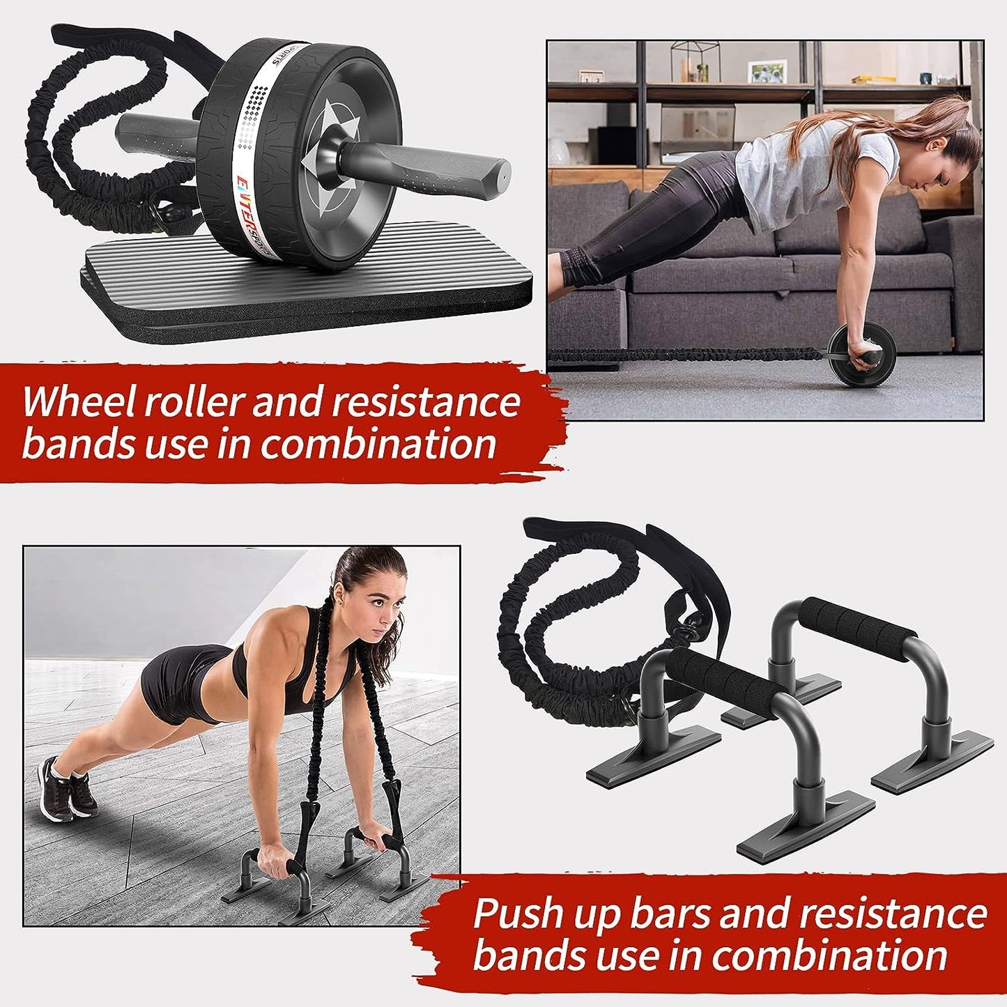 EnterSports Ab Rollers Wheel Kit - Complete Core Strength Training Set with Push Up Bars, Resistance Bands, and Knee Mat for Home Gym