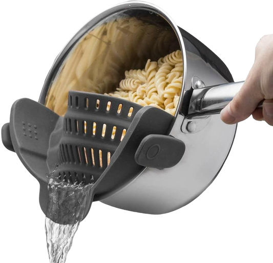 Kitchen Gizmo Snap N' Strain - Silicone Clip-On Pot Strainer, Heat Resistant Pasta and Vegetable Drainer - Essential Kitchen Gadget - Grey